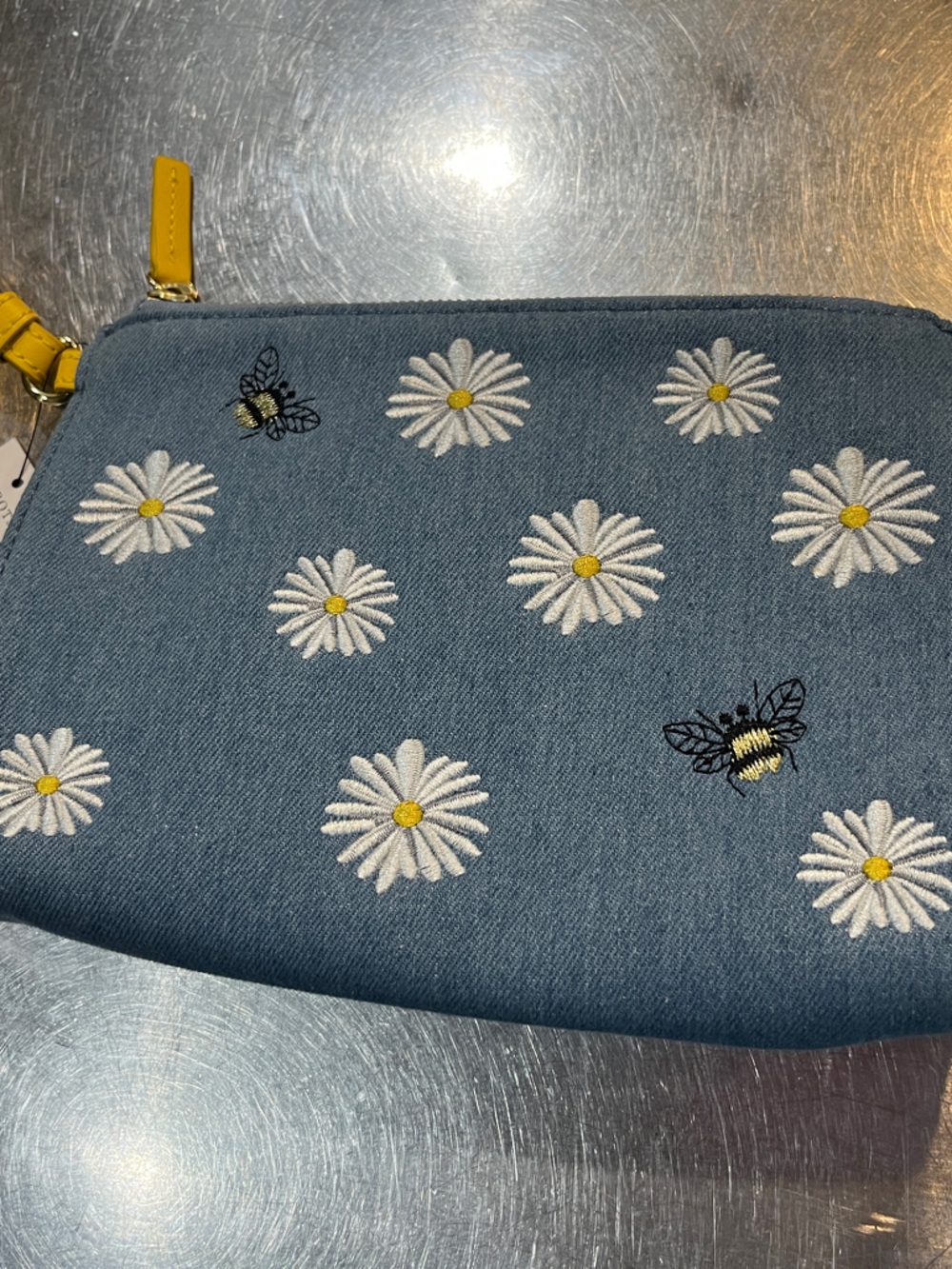 Talbots Denim Daisy & Bee Wristlet with Yellow Strap